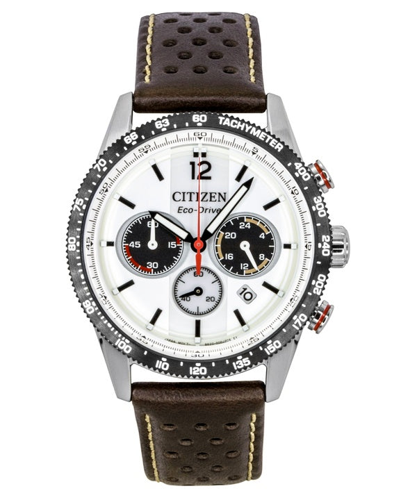 Orologio da uomo Citizen Eco-Drive Cronografo Analogico con cinturino in pelle marrone e quadrante bianco, a energia solare, modello CA4714-04A, impermeabile fino a 100 metri.