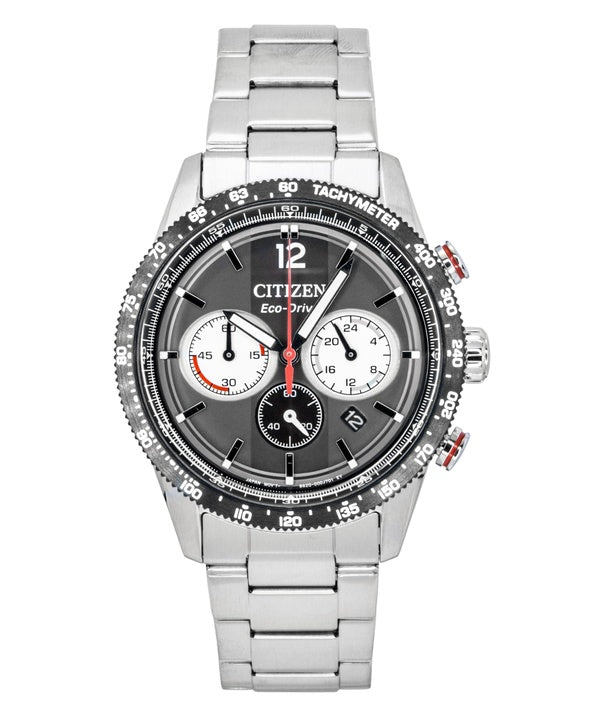Orologio da uomo Citizen Eco-Drive Cronografo Analogico in acciaio inossidabile con quadrante nero, a energia solare CA4714-55E, impermeabile fino a 100 metri.