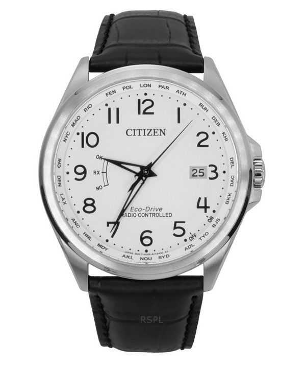 Orologio da uomo Citizen Radiocontrollato con cinturino in pelle e quadrante bianco Eco-Drive CB0250-17A 100M