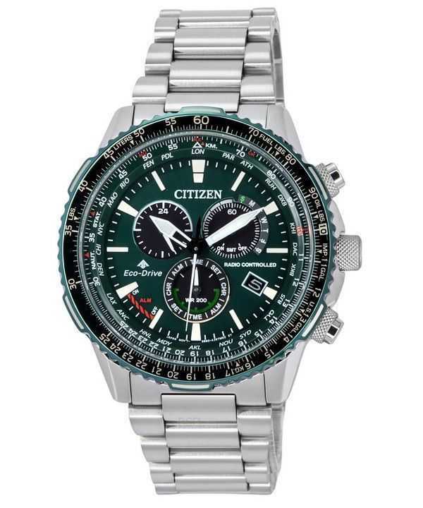 Orologio da pilota da uomo Citizen Promaster Sky AT Radiocontrollato Cronografo Quadrante Verde Eco-Drive CB5004-59W 200M