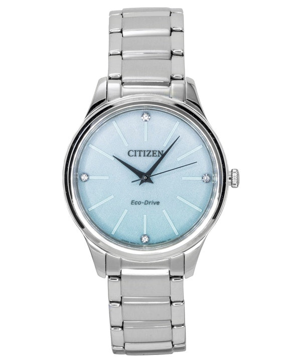 Orologio da donna Citizen Eco-Drive analogico in acciaio inossidabile con quadrante blu ghiaccio e alimentazione solare EM1220-58Y
