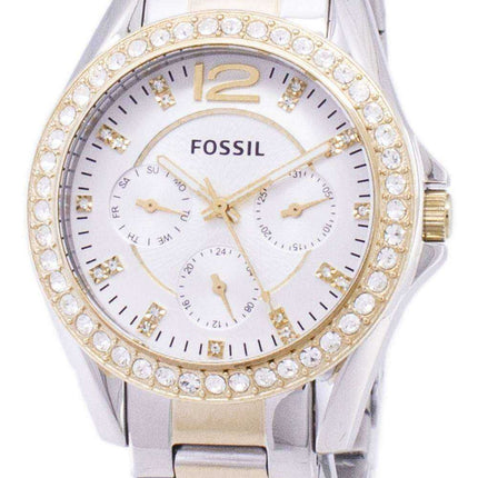 Fossil Riley multifunzione argento e oro tono quadrante cristallo ES3204 orologio da donna