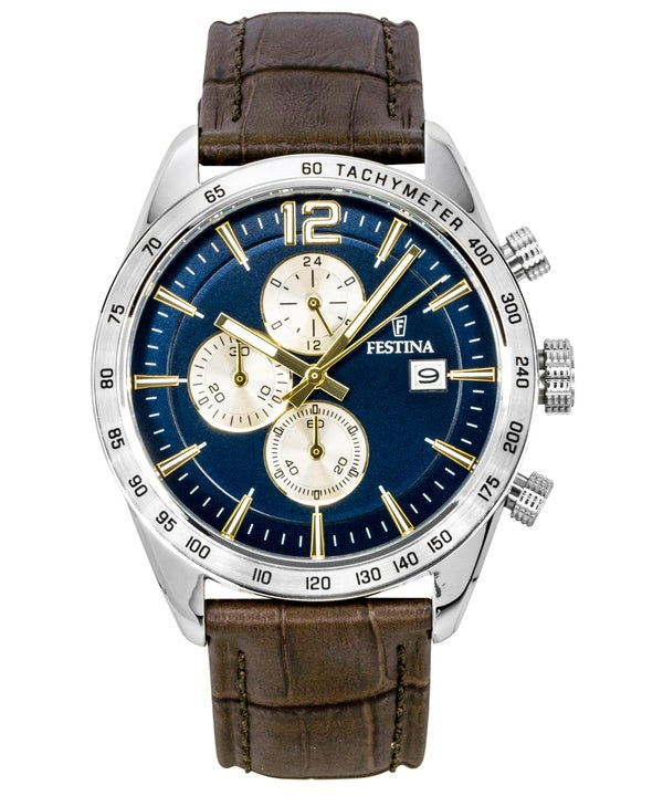 Orologio da uomo Festina Chronograph con cinturino in pelle e quadrante blu, movimento al quarzo, modello F16760-7