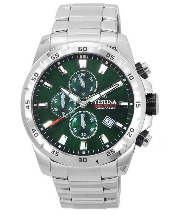 Orologio da uomo Festina Sports Chorongraph in acciaio inossidabile con quadrante verde al quarzo F20463-3 F204633 100M