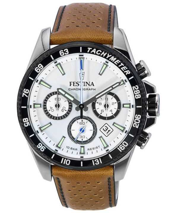 Festina cronografo senza tempo cinturino in pelle quadrante bianco F20561-1 F205611 100M orologio da uomo