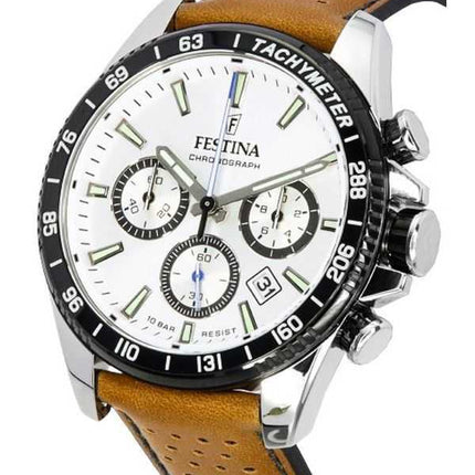 Festina cronografo senza tempo cinturino in pelle quadrante bianco F20561-1 F205611 100M orologio da uomo