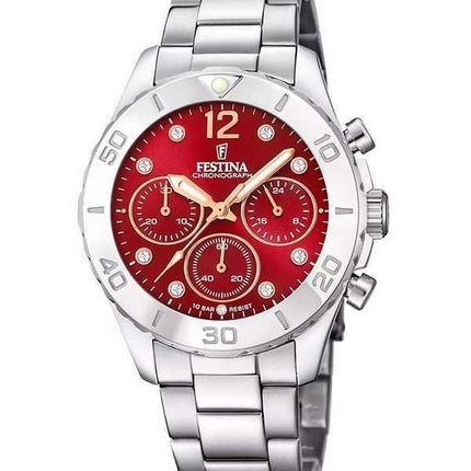 Festina Boyfriend Cronografo Acciaio Inossidabile Quadrante Rosso Quarzo F20603-2 100M Orologio da Donna
