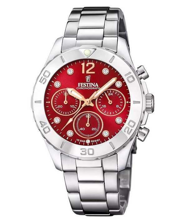 Festina Boyfriend Cronografo Acciaio Inossidabile Quadrante Rosso Quarzo F20603-2 100M Orologio da Donna