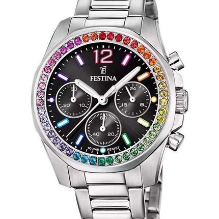 Festina Rainbow Chronograph Crystal Accents Acciaio Inox Quadrante Nero Quarzo F20606-3 100M Orologio da Donna