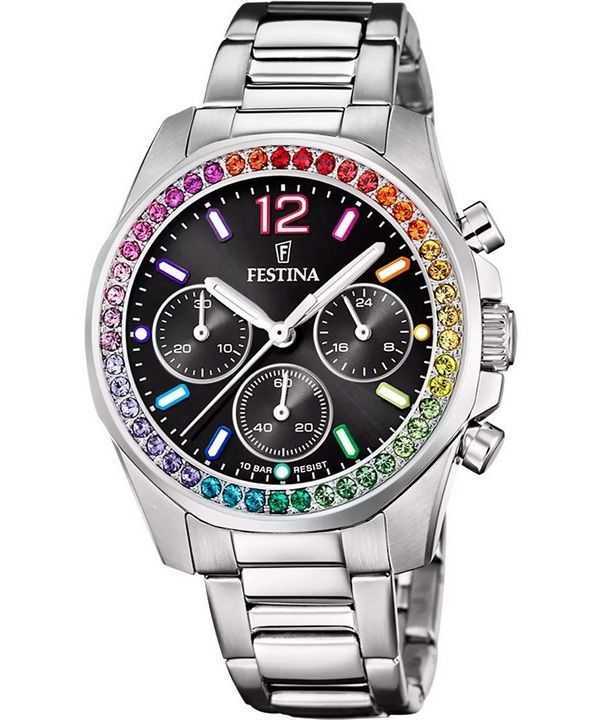 Festina Rainbow Chronograph Crystal Accents Acciaio Inox Quadrante Nero Quarzo F20606-3 100M Orologio da Donna
