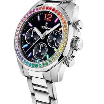 Festina Rainbow Chronograph Crystal Accents Acciaio Inox Quadrante Nero Quarzo F20606-3 100M Orologio da Donna