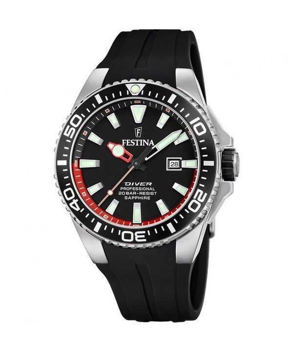 Orologio da uomo Festina Diver con cinturino in caucciù quadrante nero al quarzo F20664-3 200M