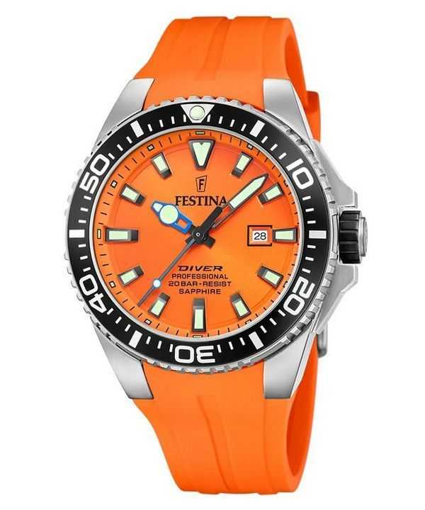 Orologio da uomo Festina Diver con cinturino in caucciù quadrante arancione al quarzo F20664-4 200M