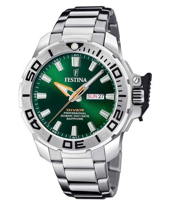 Festina Diver Orologio da uomo in acciaio inossidabile quadrante verde al quarzo F20665-2 200M con cinturino extra