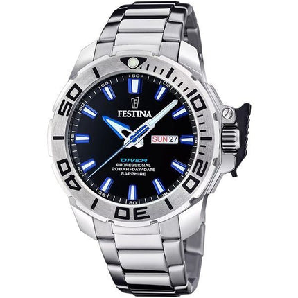 Festina Classics Orologio da uomo in acciaio inossidabile con quadrante nero al quarzo subacqueo F20665-3 200M con cinturino in