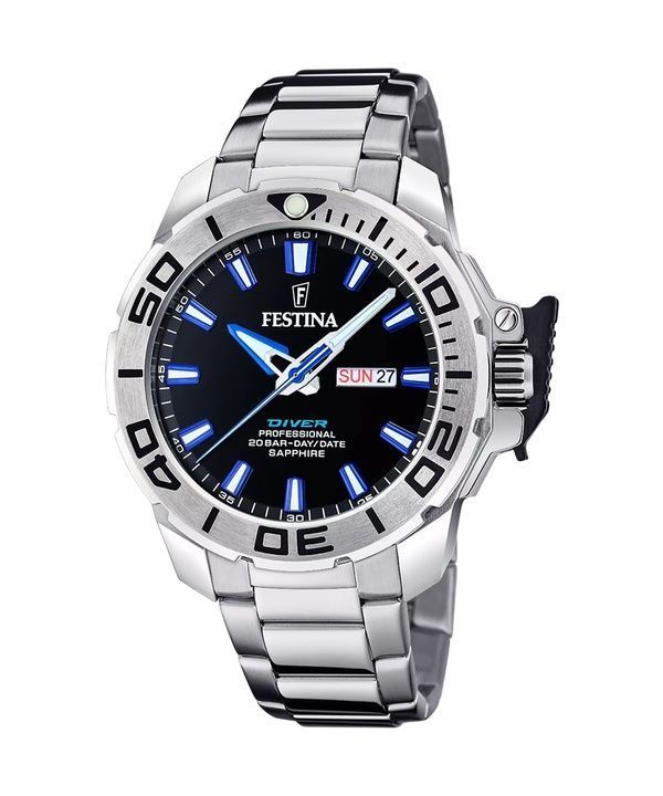 Festina Classics Orologio da uomo in acciaio inossidabile con quadrante nero al quarzo subacqueo F20665-3 200M con cinturino in