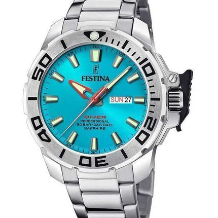 Festina Diver Orologio da uomo in acciaio inossidabile con quadrante turchese al quarzo F20665-6 200M con cinturino extra