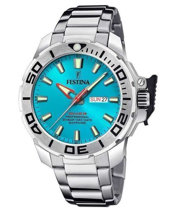 Festina Diver Orologio da uomo in acciaio inossidabile con quadrante turchese al quarzo F20665-6 200M con cinturino extra