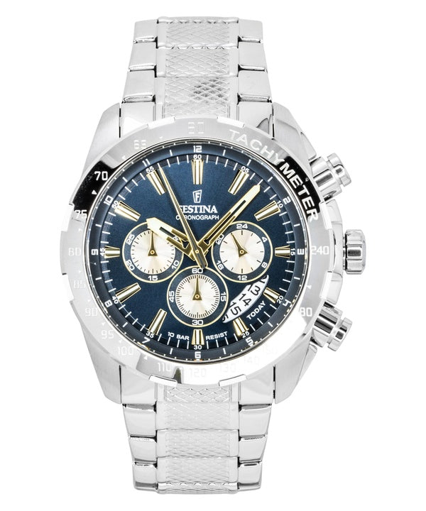 Orologio da uomo Festina Timeless Chronograph in acciaio inossidabile con quadrante blu, movimento al quarzo, modello F20668-5, impermeabile fino a 100 metri.