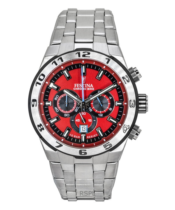 Festina Chrono Bike Cronografo in acciaio inossidabile con quadrante rosso al quarzo F20670-5 100M Orologio da uomo