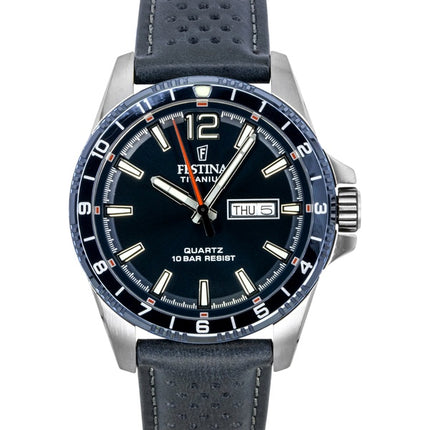 Orologio da uomo Festina Titanium Analog con cinturino in pelle, quadrante blu, movimento al quarzo, modello F20699-2, impermeabile fino a 100 metri.
