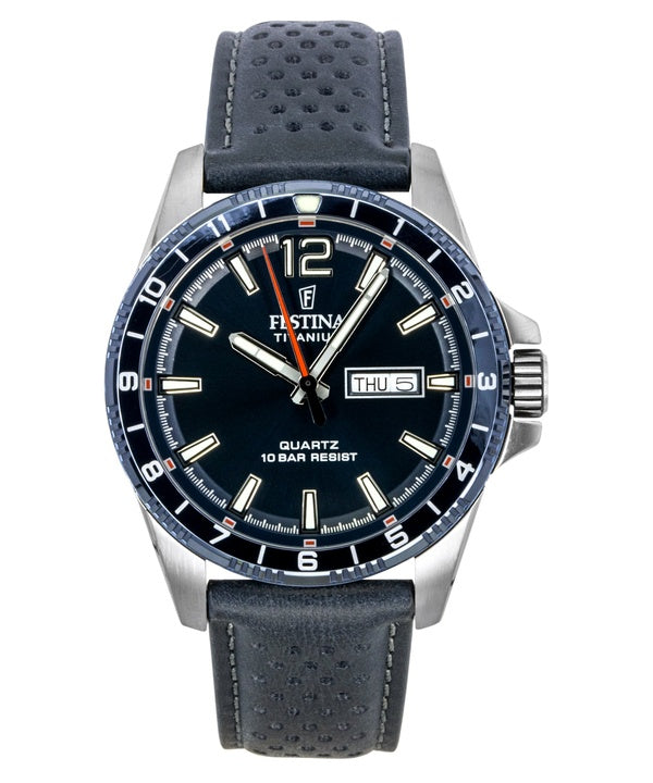 Orologio da uomo Festina Titanium Analog con cinturino in pelle, quadrante blu, movimento al quarzo, modello F20699-2, impermeabile fino a 100 metri.