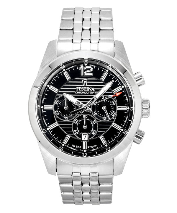 Orologio da uomo Festina Timeless Chronograph con quadrante nero, al quarzo, modello F20742-3, impermeabile fino a 100 metri.