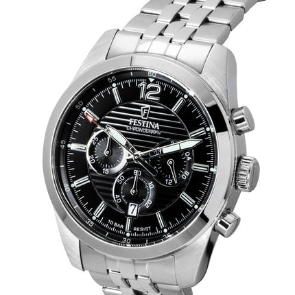 Orologio da uomo Festina Timeless Chronograph con quadrante nero, al quarzo, modello F20742-3, impermeabile fino a 100 metri.