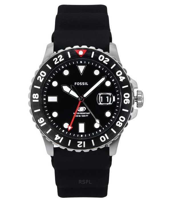 Orologio da uomo Fossil Blue GMT con cinturino in silicone e quadrante nero al quarzo FS6036 100M