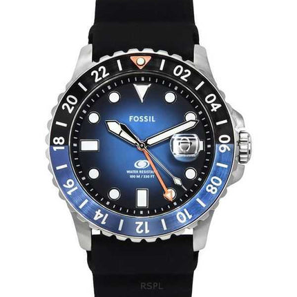 Orologio da uomo Fossil Blue GMT con cinturino in silicone, quadrante Sunray nero e blu, al quarzo FS6049 100M