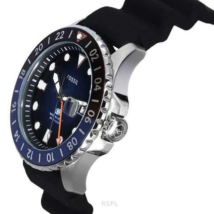 Orologio da uomo Fossil Blue GMT con cinturino in silicone, quadrante Sunray nero e blu, al quarzo FS6049 100M