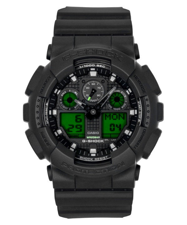 Orologio da uomo Casio G-Shock analogico-digitale con quadrante nero, movimento al quarzo e resina, modello GA-100BEG-1A, impermeabile fino a 200 metri.