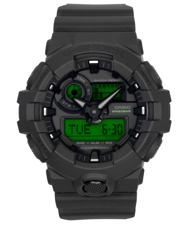 Orologio da uomo Casio G-Shock analogico-digitale con quadrante nero, movimento al quarzo e resina, modello GA-700BEG-1A, impermeabile fino a 200 metri.