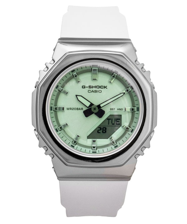 Orologio da donna Casio G-Shock analogico-digitale con quadrante verde, cinturino in resina, movimento al quarzo, modello GM-S2110SR-7A, impermeabile fino a 200 metri.