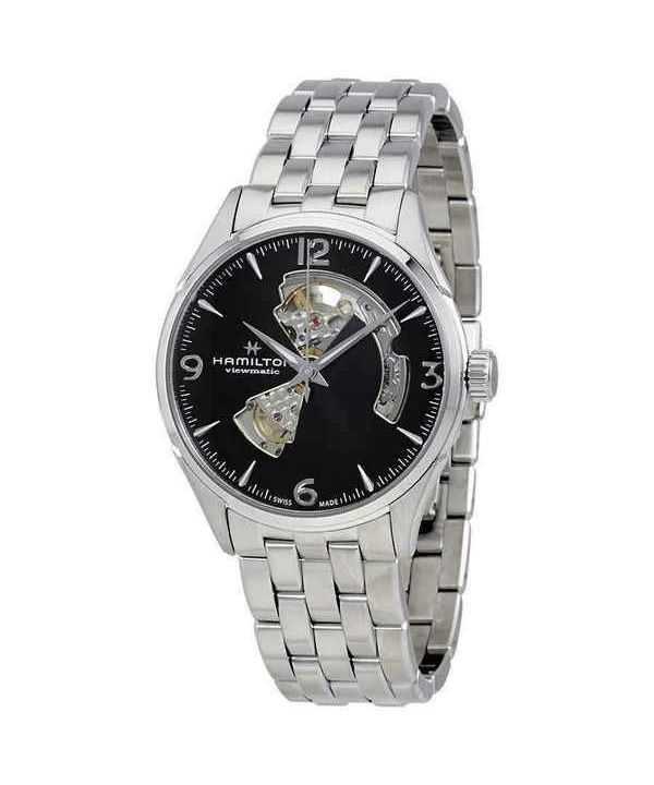 Orologio da uomo Hamilton Jazzmaster in acciaio inossidabile a cuore aperto con quadrante nero automatico H32705131