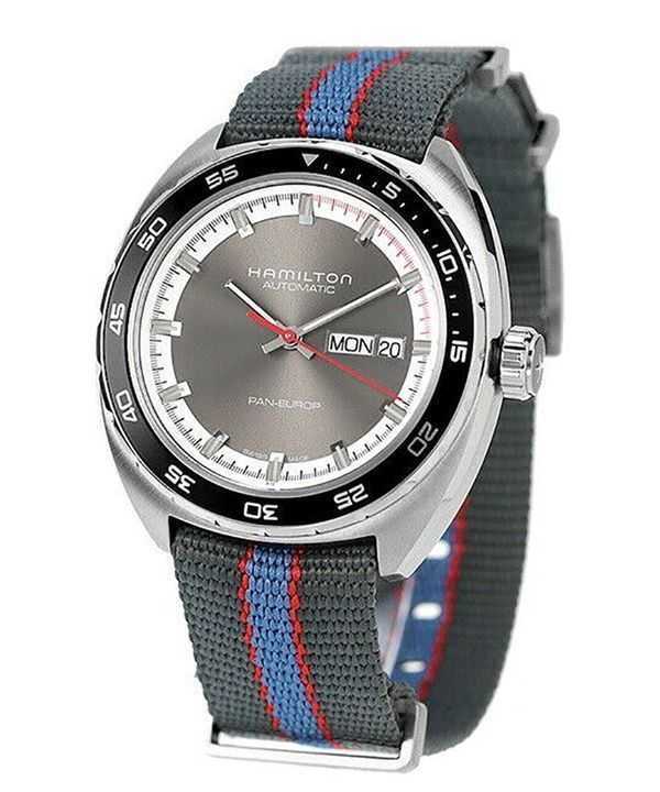 Orologio da uomo Hamilton American Classic Pan Europ con cinturino in tessuto quadrante grigio automatico H35415982