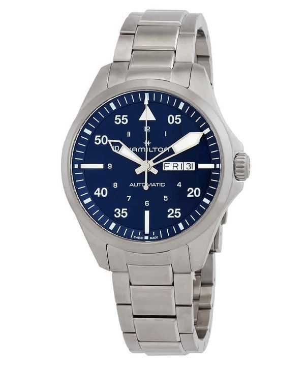 Orologio da uomo Hamilton Khaki Aviation Pilot in acciaio inossidabile con quadrante blu automatico H64635140 100M