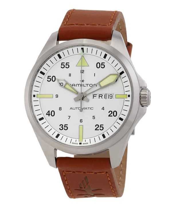 Orologio da uomo Hamilton Khaki Aviation Pilot con cinturino in pelle quadrante argento automatico H64635550 100M