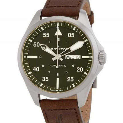 Orologio da uomo Hamilton Khaki Aviation Pilot con cinturino in pelle e quadrante verde automatico H64635560 100M