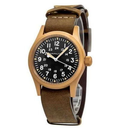 Orologio da uomo Hamilton Khaki Field meccanico con cinturino in pelle bronzo quadrante nero H69459530