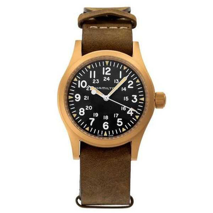 Orologio da uomo Hamilton Khaki Field meccanico con cinturino in pelle bronzo quadrante nero H69459530
