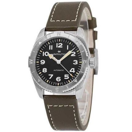 Orologio da uomo Hamilton Khaki Field Expedition con cinturino in pelle e quadrante nero automatico H70225830 100M