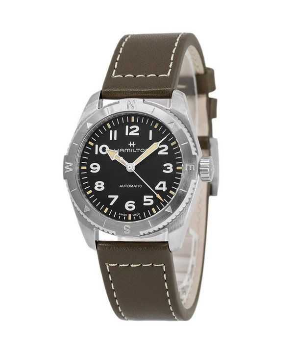 Orologio da uomo Hamilton Khaki Field Expedition con cinturino in pelle e quadrante nero automatico H70225830 100M