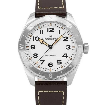 Orologio da uomo Hamilton Khaki Field Expedition con cinturino in pelle e quadrante bianco automatico H70315510 100M