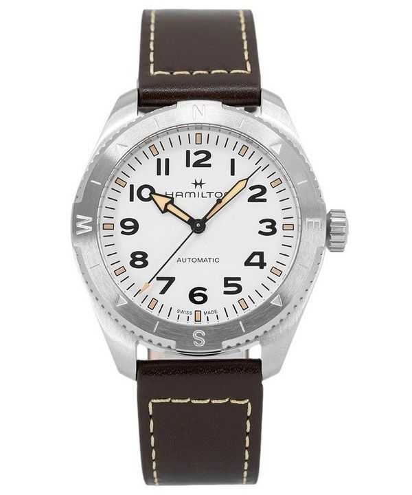 Orologio da uomo Hamilton Khaki Field Expedition con cinturino in pelle e quadrante bianco automatico H70315510 100M