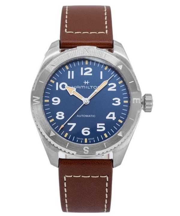 Orologio da uomo Hamilton Khaki Field Expedition con cinturino in pelle e quadrante blu automatico H70315540 100M