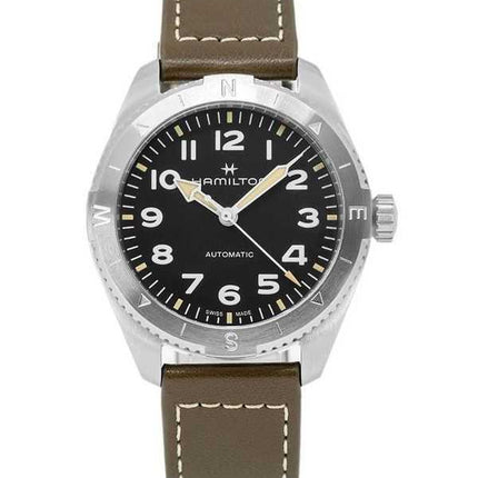 Orologio da uomo Hamilton Khaki Field Expedition con cinturino in pelle e quadrante nero automatico H70315830 100M