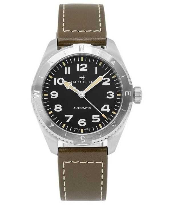 Orologio da uomo Hamilton Khaki Field Expedition con cinturino in pelle e quadrante nero automatico H70315830 100M