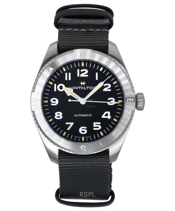 Orologio Hamilton Khaki Field Expedition con cinturino in tessuto e quadrante nero automatico H70315930 100M unisex