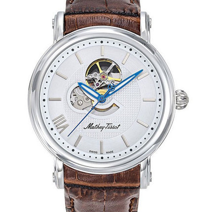 Orologio da uomo automatico H7053AI con quadrante bianco a cuore aperto con cinturino in pelle scheletrata Mathey-Tissot